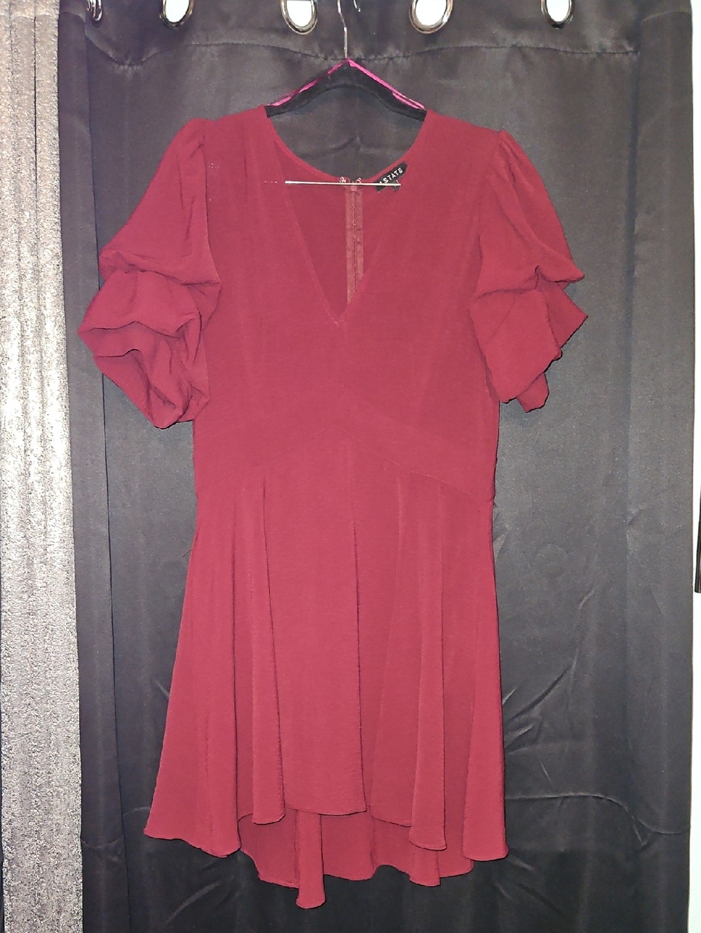 1. State Burgundy High-Low Ruffle Sleeve Dress